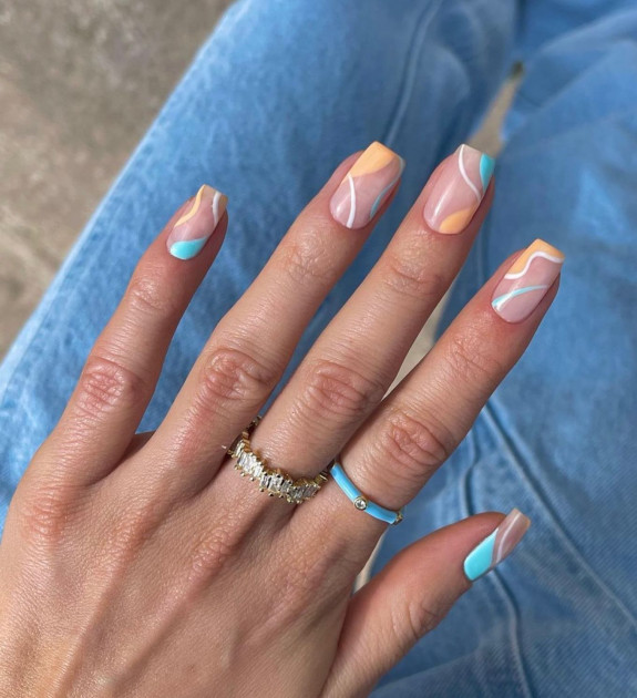 34 Cute Summer Nail Ideas — Blue and Peach Sheer Nails