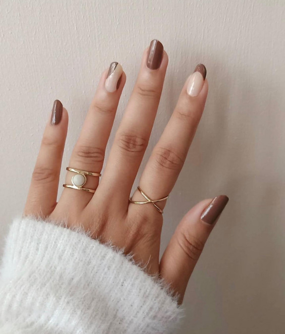 45 Earthy Autumn Nail Ideas — Brown French + Negative Space Nails