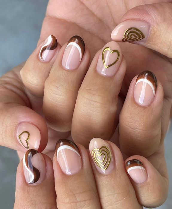 45 Earthy Autumn Nail Ideas — Brown French + Swirl + Gold Heart Nails