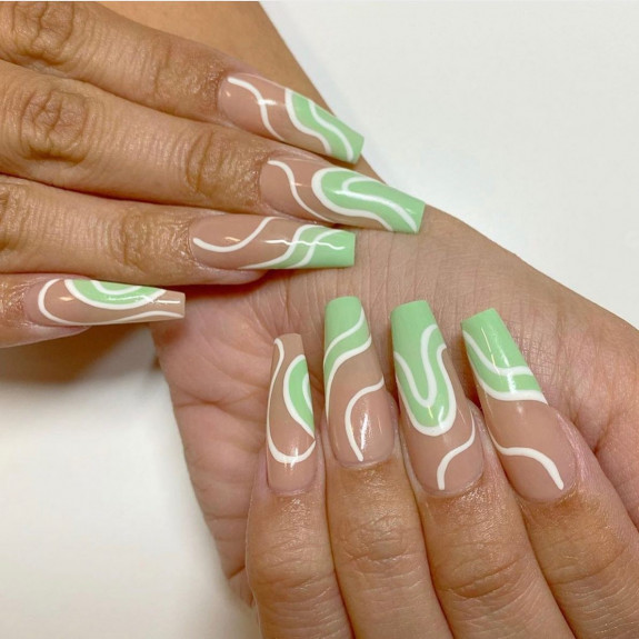 30 Lime Green Nail Ideas — White Swirl Green Tip Nails