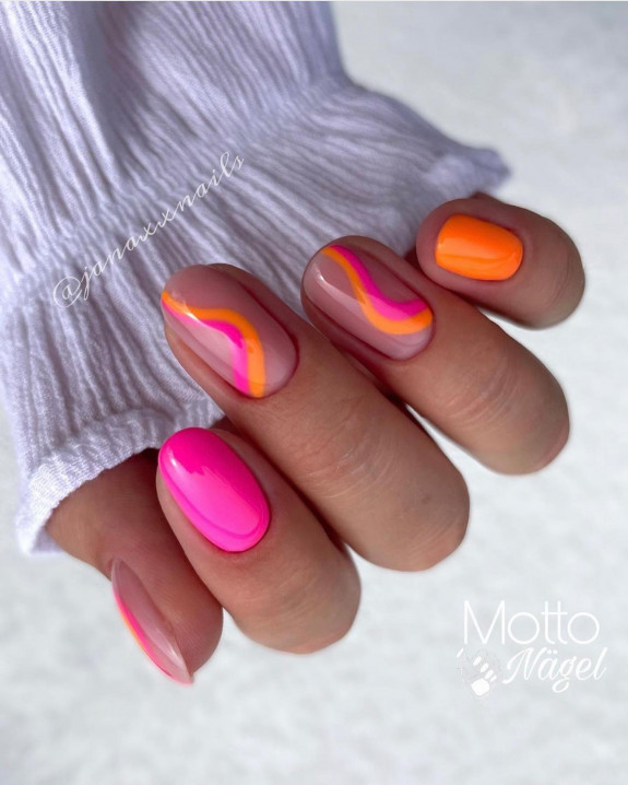 25 August Nail Ideas in 2022 — Pink and Orange Swirl Nails