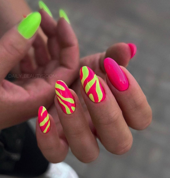 25 August Nail Ideas in 2022 — Bright Pink and Green Nails