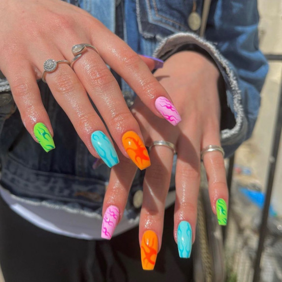 25 August Nail Ideas in 2022 — Bright Color Flame Nails