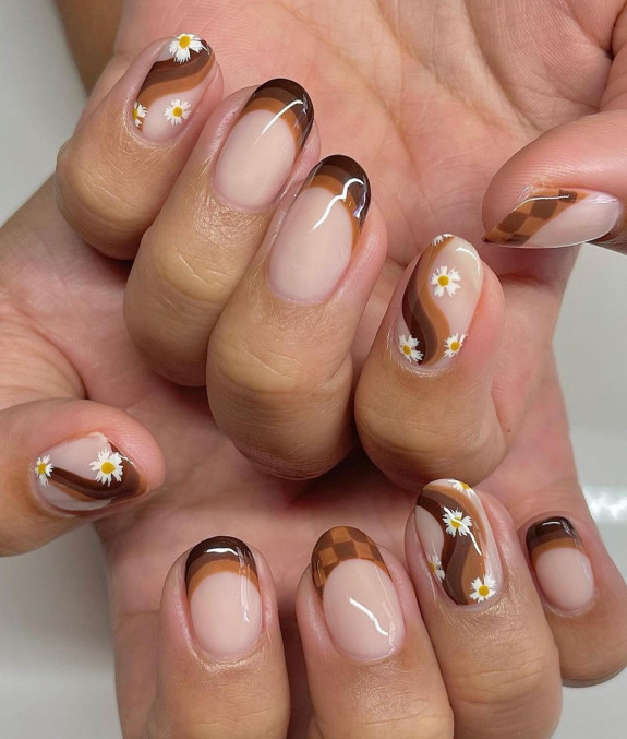 45 Earthy Autumn Nail Ideas — Flower Brown French Nails