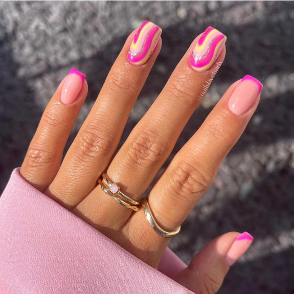 25 August Nail Ideas in 2022 — Pink Swirl + French Short Square Nails