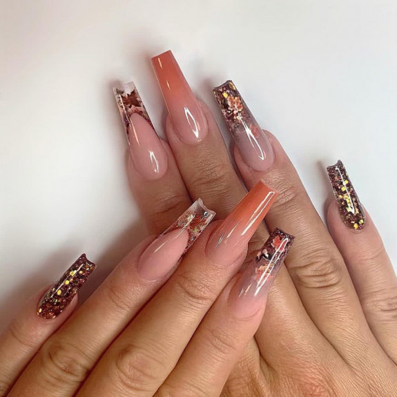 34 The Best Fall Nail Trends For 2022 — Autumn Leaf Encapsulated Coffin Nails