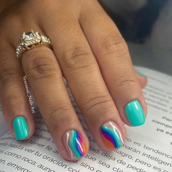 25 August Nail Ideas in 2022 — Green and Pink Swirl Short Nails