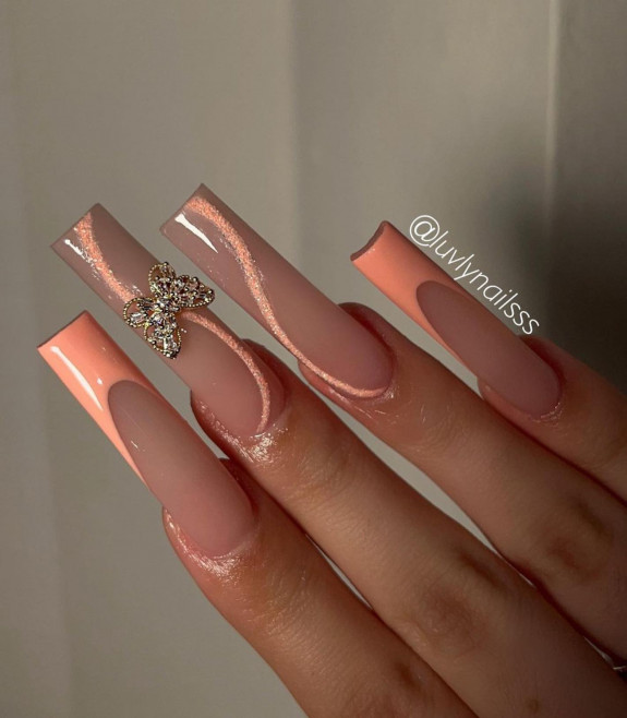 30 Cute Peach Nail Ideas — Peach + Butterfly Acrylic Nails