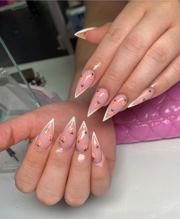 30 Cute Peach Nail Ideas — Peach Stiletto White Tip Nails