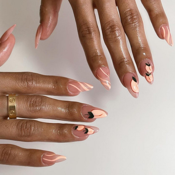 30 Cute Peach Nail Ideas — Swirl and Peach Sheer Nails