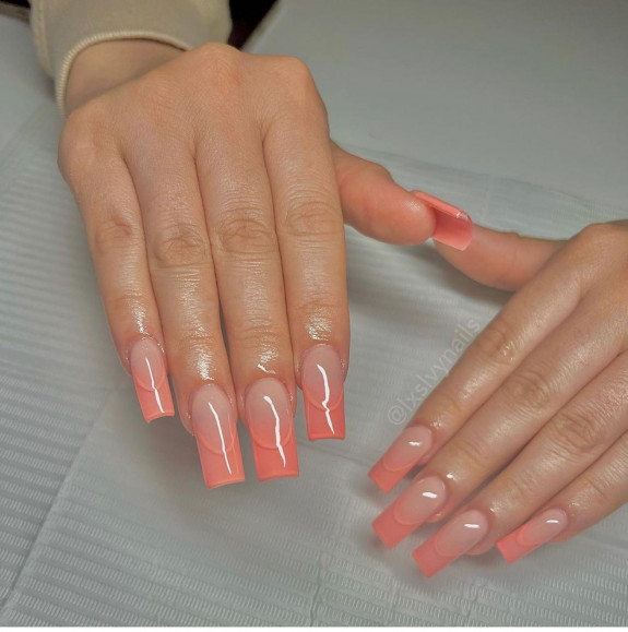 30 Cute Peach Nail Ideas — Ombre Peach Double French Tip Nails