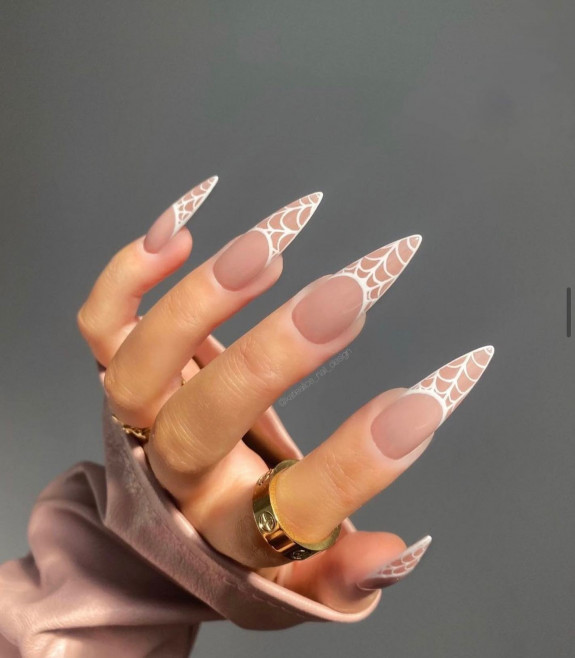 37 Cute Halloween Nails Ideas in 2022 — White Spiderweb Stiletto Nails