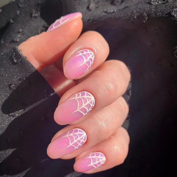 37 Cute Halloween Nails Ideas in 2022 — Cobweb Cuff Pink Halloween Nails