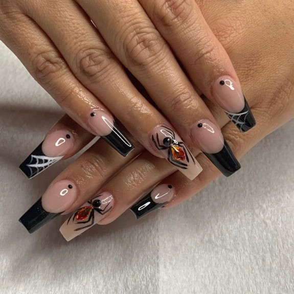 37 Cute Halloween Nails Ideas in 2022 — Black French + Spiderweb Acrylic Nails