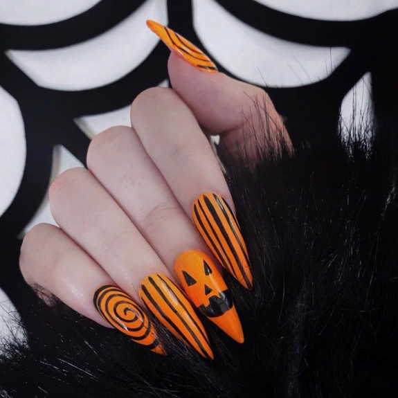 37 Cute Halloween Nails Ideas in 2022 — Orange Halloween Stiletto Nails