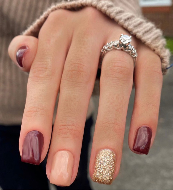 45 Gorgeous Burgundy Nails — Burgundy Nude Glitter Nails