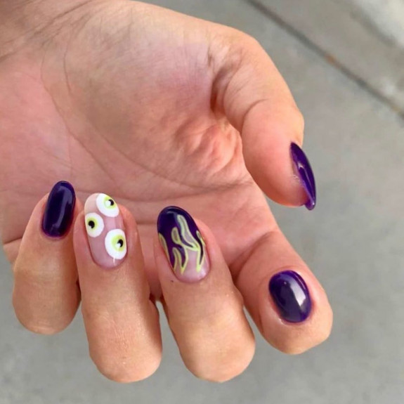 37 Cute Halloween Nails Ideas in 2022 — Purple + Neon Green Flame Nails