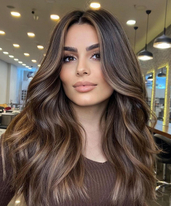 15 Flattering Round Face Haircuts in 2022 — Brown Caramel Middle Part Hairstyle