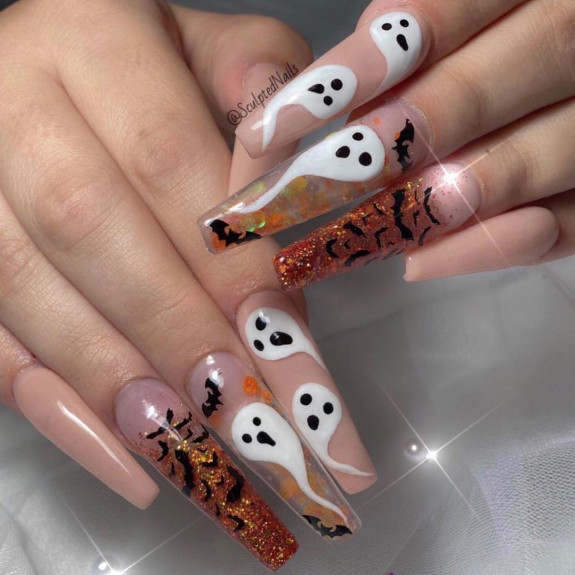 37 Cute Halloween Nails Ideas in 2022 — Floaty Ghost + Ombre Glitter Long Nails