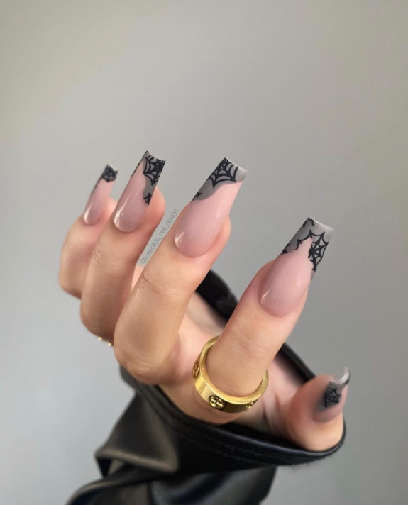 37 Cute Halloween Nails Ideas in 2022 — Cobweb Side French Tip Nails