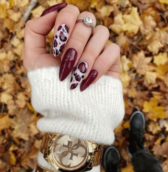 45 Gorgeous Burgundy Nails — Burgundy Leopard Stiletto Nails