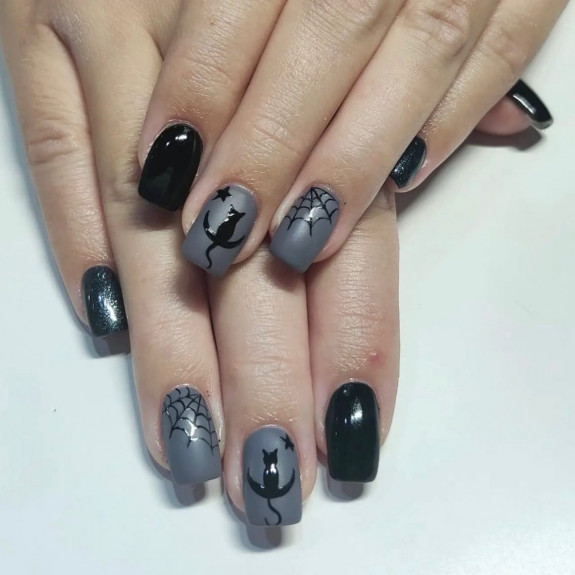 37 Cute Halloween Nails Ideas in 2022 — Matte Grey + Glossy Black Nails