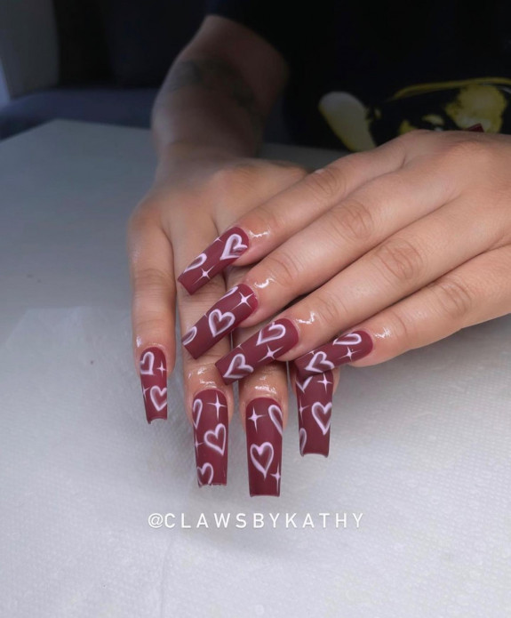 45 Gorgeous Burgundy Nails — Heart Burgundy Acrylic Nails