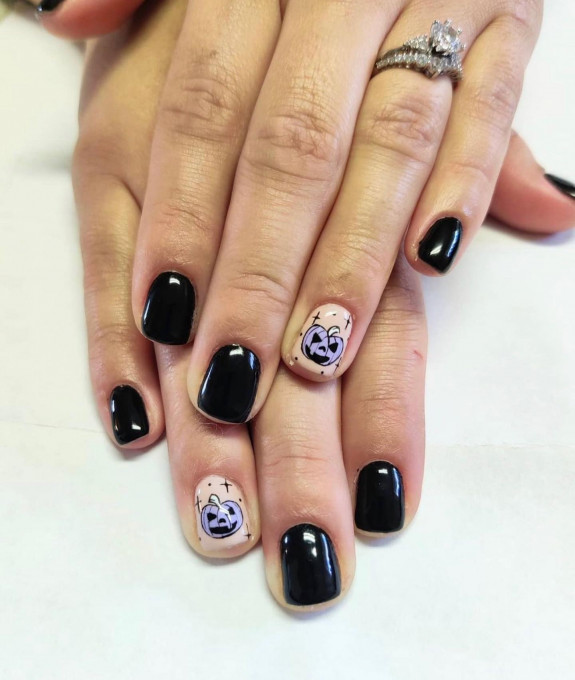 37 Cute Halloween Nails Ideas in 2022 — Pumpkin Nude + Black Nails