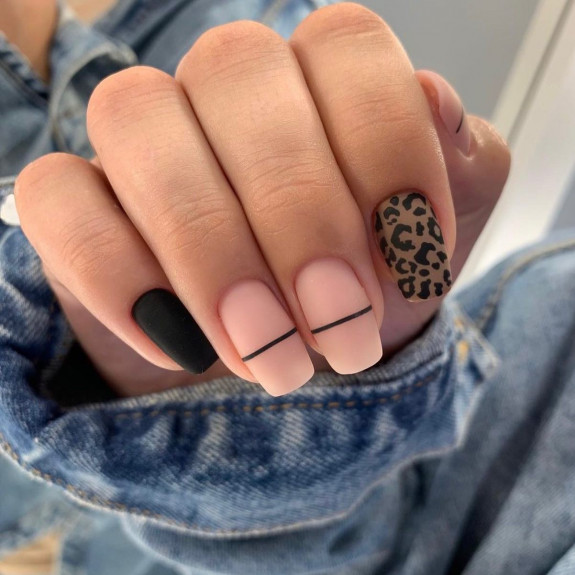 33 Best September Nails — Matte Leopard, Black and Nude Pink Nails