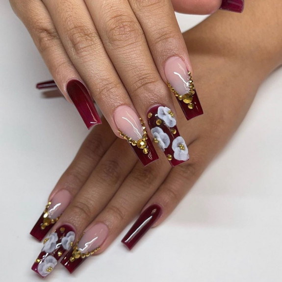 45 Gorgeous Burgundy Nails — 3D Flower Burgundy Coffin Nails