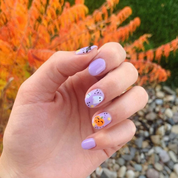 37 Cute Halloween Nails Ideas in 2022 — Orange Pumpkin Soft Purple Nails