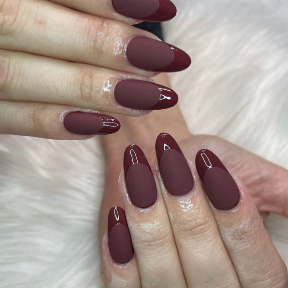 45 Gorgeous Burgundy Nails — Burgundy Glossy French Tip Matte Nails