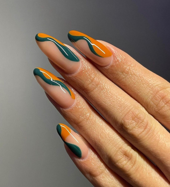 33 Best Fall Nail Colors — Green Teal and Orange Almond Nails