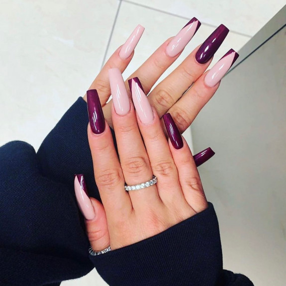 45 Gorgeous Burgundy Nails — V French Burgundy Coffin Nails