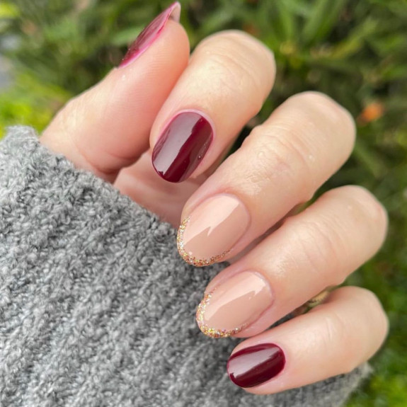 45 Gorgeous Burgundy Nails — Glitter Tip + Burgundy Nails