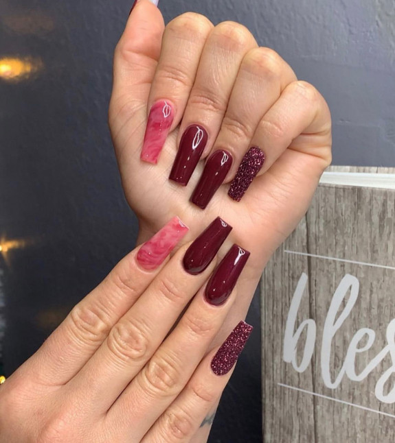 45 Gorgeous Burgundy Nails — Marble + Burgundy Nails