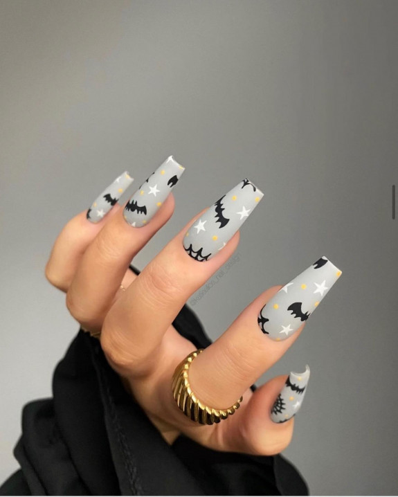 37 Cute Halloween Nails Ideas in 2022 — Bat Matte Grey Acrylic Nails