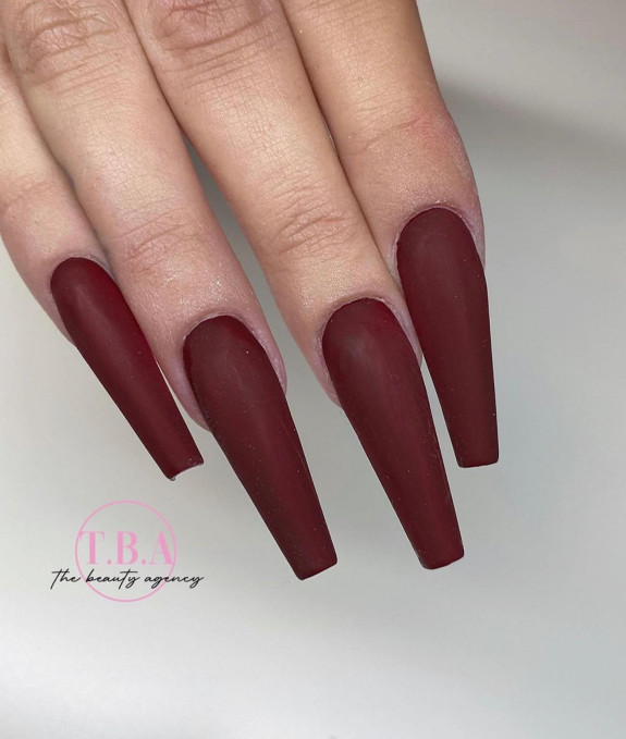 45 Gorgeous Burgundy Nails — Matte Burgundy Coffin Nails