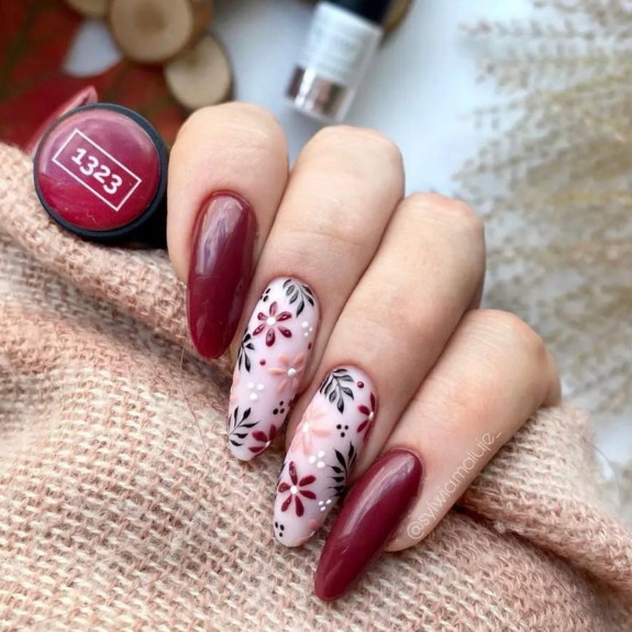 45 Gorgeous Burgundy Nails — Flower + Burgundy Nails