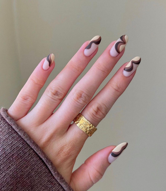 33 Best Fall Nail Colors — Matte Brown Swirl Almond Nails