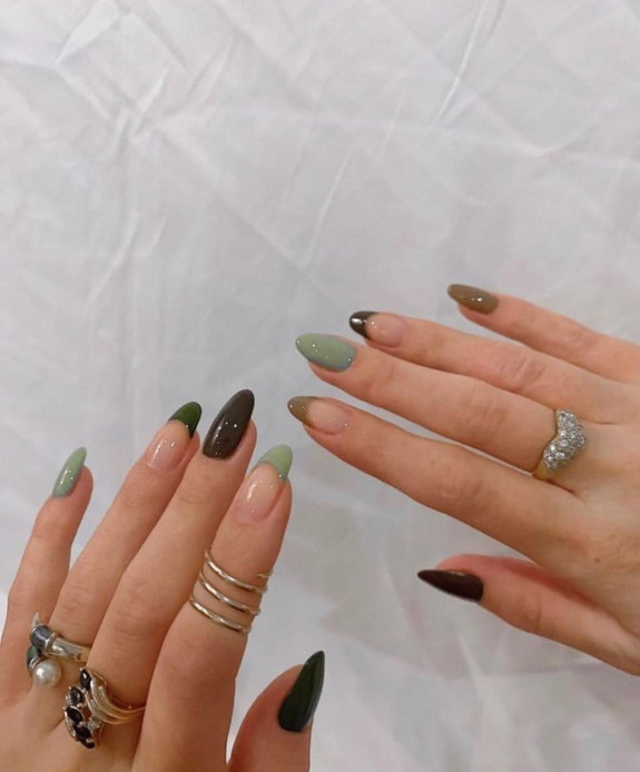 33 Best Fall Nail Colors — Green Tone French Tip Nails