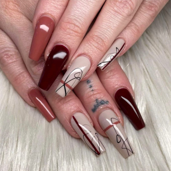 45 Gorgeous Burgundy Nails — Mix and Match Autumn Coffin Nails