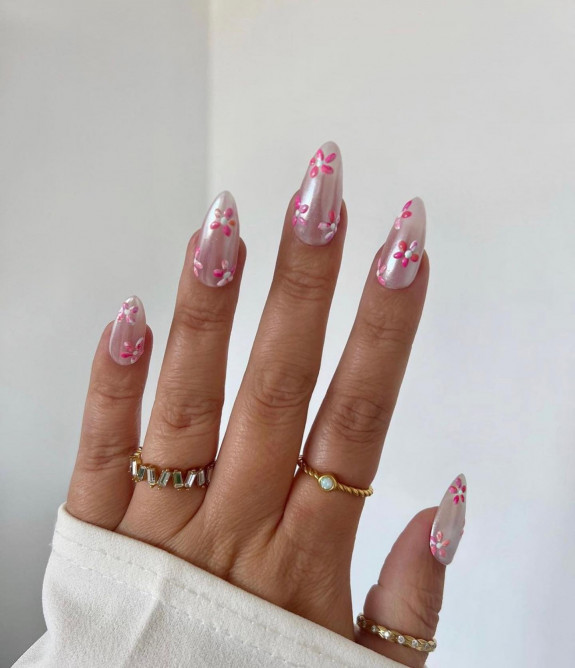 31 Cute September Nail Ideas — Pink Flower Pearl Nails