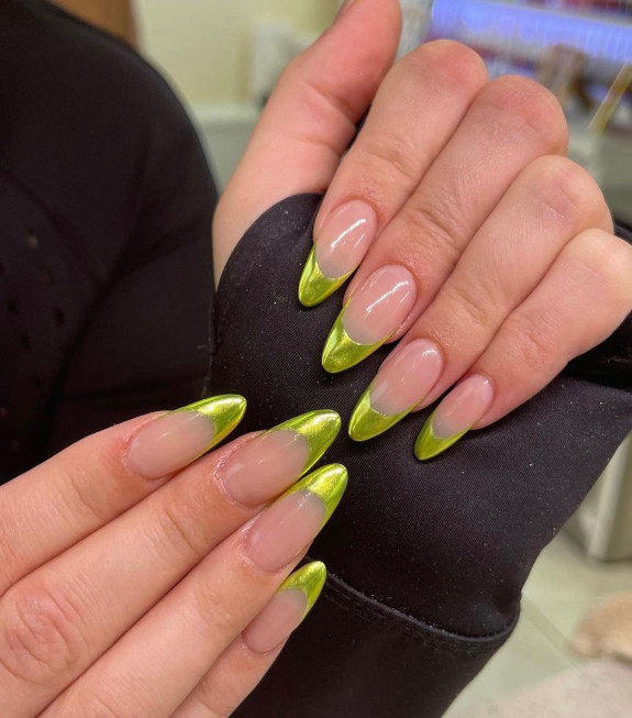 43 Late Summer Nails — Green Chrome Tip Nails