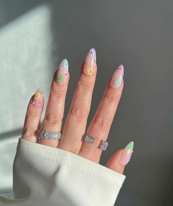 31 Cute September Nail Ideas — Pastel Flower Sheer Nails