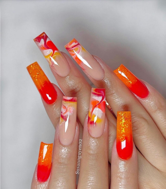 31 Cute September Nail Ideas — Orange and Red Acrylic Nails