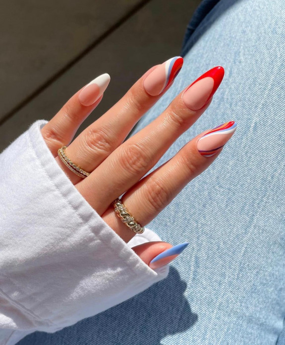 43 Late Summer Nails — Red Blue White Almond Nails