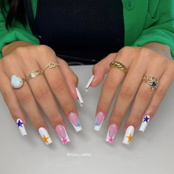 43 Late Summer Nails — Colorful Star White Tip Nails