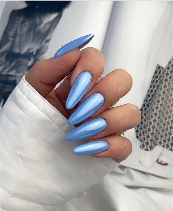 43 Late Summer Nails — Blue Chrome Almond Nails