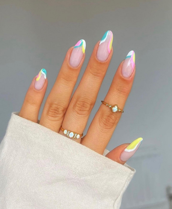 43 Late Summer Nails — Green, Pink and Yellow French Tip Nails